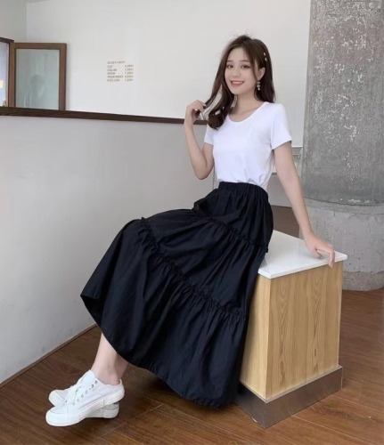2023 spring and summer new skirt with wooden ear side stitching high waist slim a-line cake skirt mid-length female skirt trendy