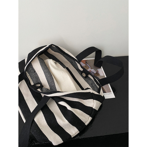 Real shot~Large capacity canvas bag!  Korean Lazy Wind Literary Simple Striped Shoulder Bag Tote Bag