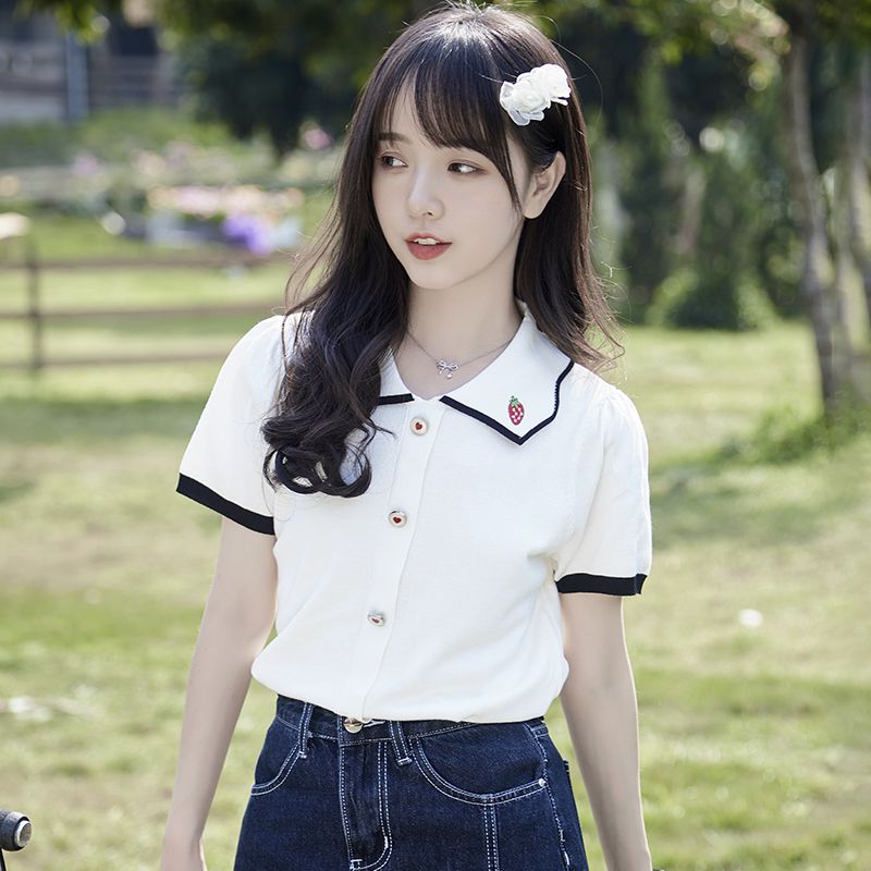 2023 summer new doll collar ice silk knitted short-sleeved t-shirt women's loose slim strawberry embroidered top tide