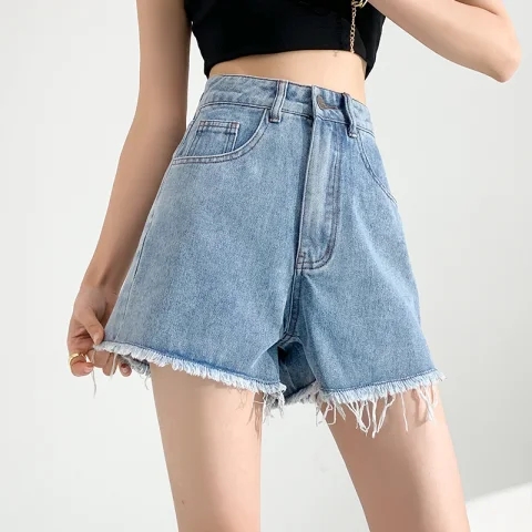 2023 summer new retro denim shorts women's high waist loose small a word raw edge hot pants wide legs look thin