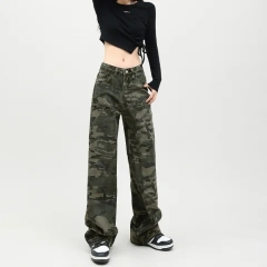 Trendy camouflage tooling washed pants women 2023 summer street hip-hop loose wide-leg casual jeans ins tide