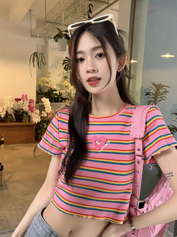 Sweet Spice Girls Striped Short-sleeved T-shirt Women's Summer Design Slim Short Cropped Top Trendy