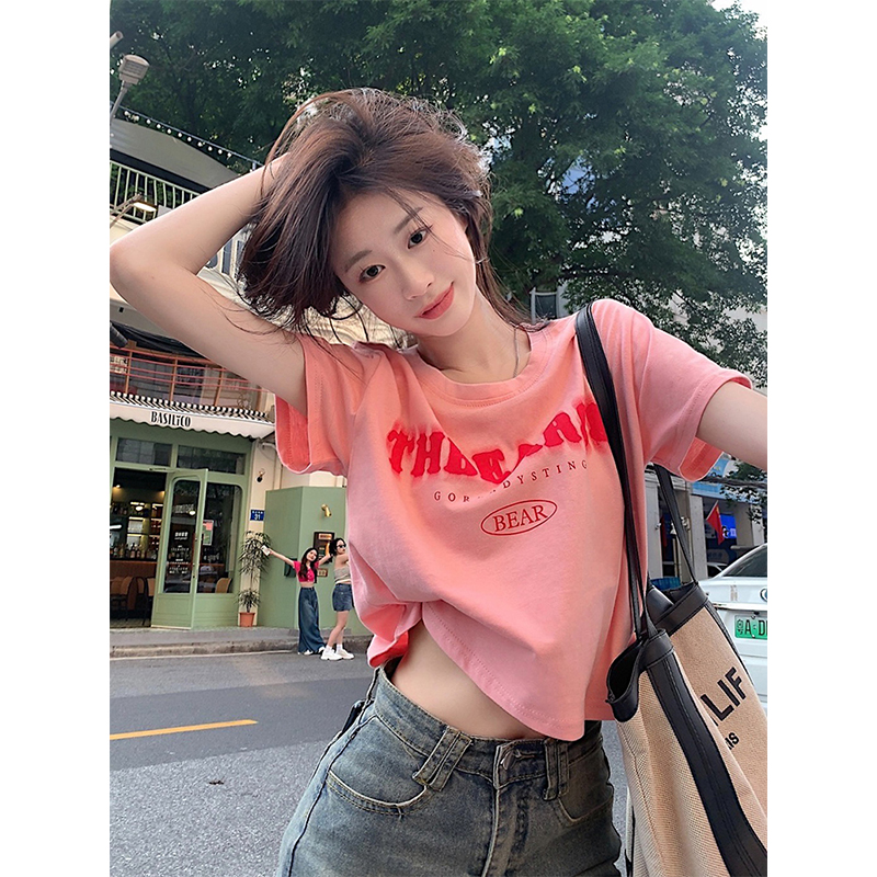 2023 summer new pink short-sleeved T-shirt women's summer letter printing bm style high-waisted navel short top