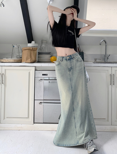 Real shot real price 2023 summer style washed water old denim fishtail skirt female hot girl high waist retro bag hip dress