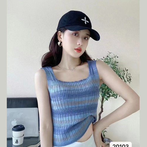 Summer new sweet and spicy style square collar contrast color rainbow stripes soft waxy knitted small camisole women's bottoming shirt top