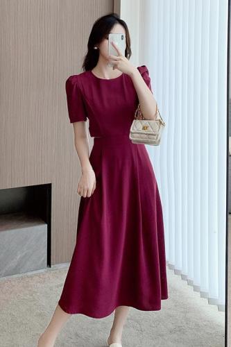 Real shot of French temperament retro round neck puff sleeve summer new waist waistless long skirt chic A-line dress