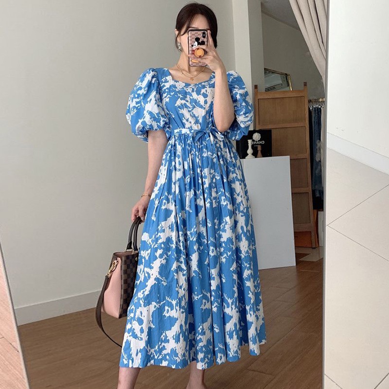 Korean Retro Slim Square Neck Ink Print Caution Machine Open Back Tie Loose Lantern Sleeve Dress Women