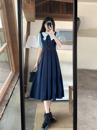 Plus-size women's French high-end dress women's summer Korean style niche design temperament slim fake two-piece shirt skirt