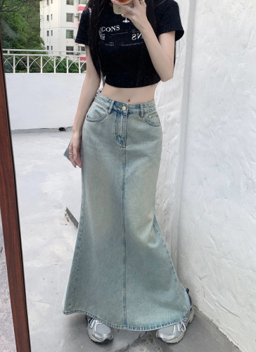 Real shot real price 2023 summer style washed water old denim fishtail skirt female hot girl high waist retro bag hip dress