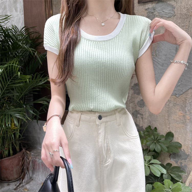 Real shot real price hit color edge U-neck ice silk short-sleeved knitted sweater women's summer and Korean pullover bottoming shirt top