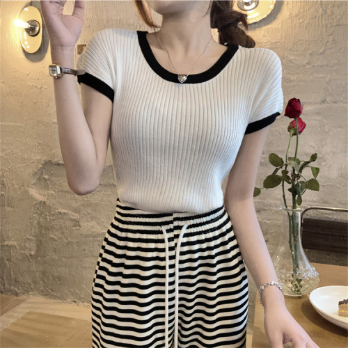 Real shot real price hit color edge U-neck ice silk short-sleeved knitted sweater women's summer and Korean pullover bottoming shirt top