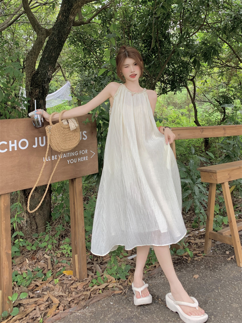 Real price real shot hanging neck fairy sling dress female loose sleeveless off-shoulder texture long skirt birthday small dress summer