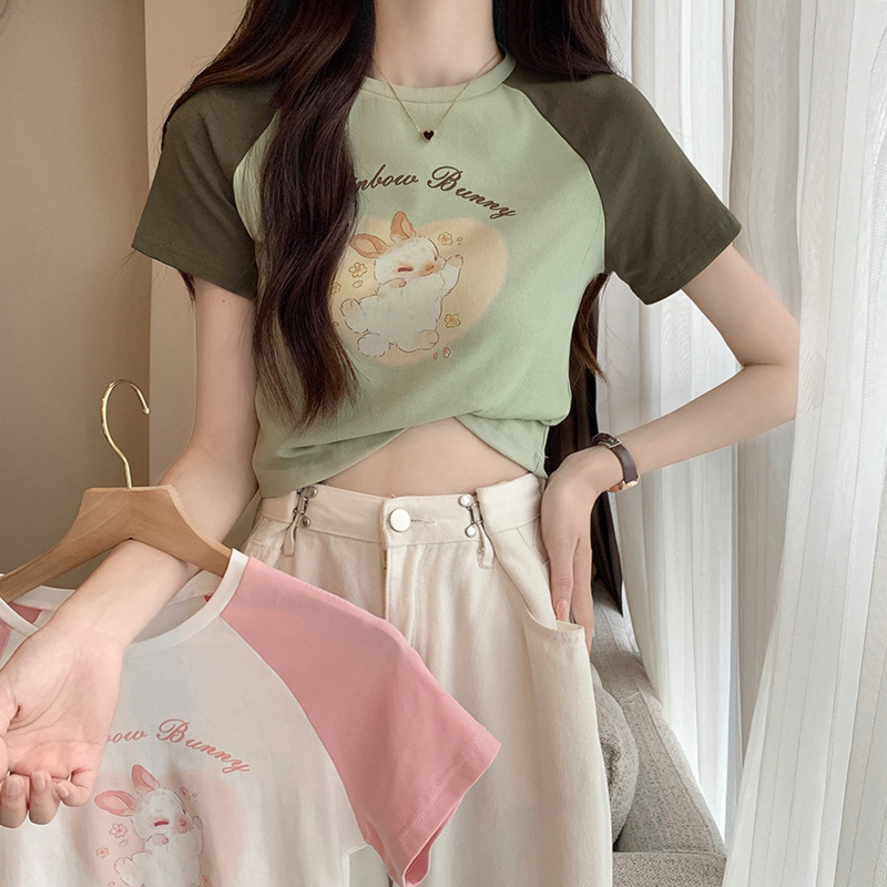 Real shot real price pure desire front shoulder short-sleeved t-shirt women's summer design feeling thin short section contrast color splicing printed top