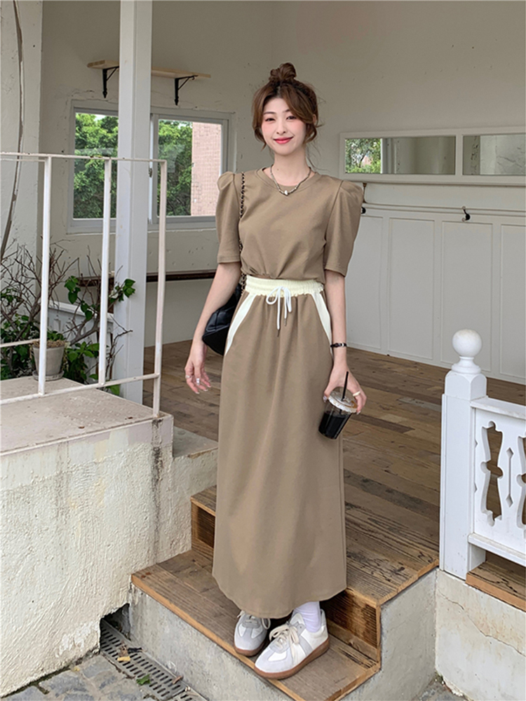 Puff sleeve top design sense high waist slimming contrast color mid-length skirt women's summer 2023 new two-piece set