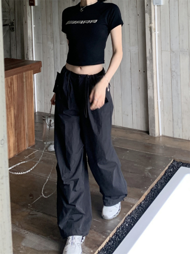 Real Shot High Waist Loose Straight Leg Wide Leg Pants Overalls + American Retro Tight Cropped Top