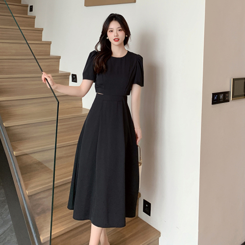 Real shot of French temperament retro round neck puff sleeve summer new waist waistless long skirt chic A-line dress