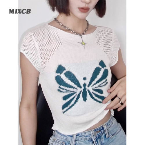 Chest butterfly jacquard short-sleeved knitted sweater women's top  new early spring thin design sense