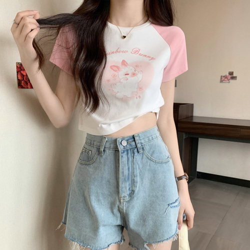 Real shot real price pure desire front shoulder short-sleeved t-shirt women's summer design feeling thin short section contrast color splicing printed top