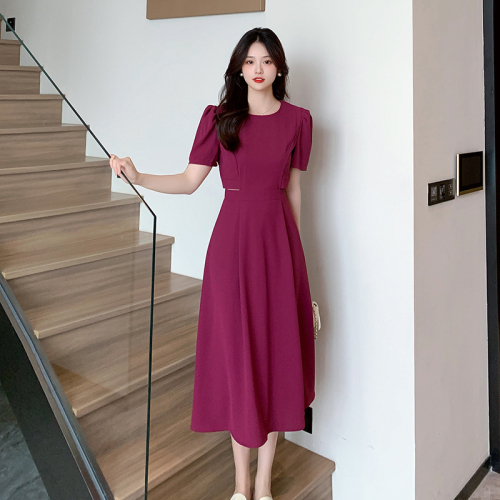 Real shot of French temperament retro round neck puff sleeve summer new waist waistless long skirt chic A-line dress