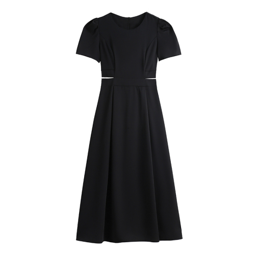 Real shot of French temperament retro round neck puff sleeve summer new waist waistless long skirt chic A-line dress