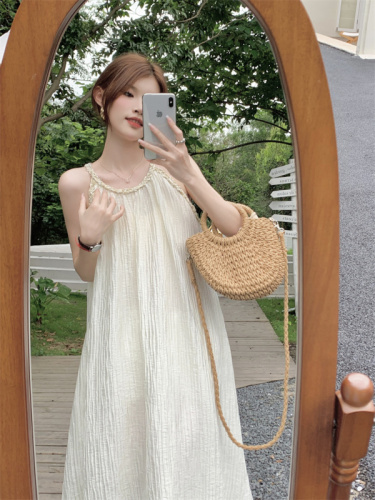 Real price real shot hanging neck fairy sling dress female loose sleeveless off-shoulder texture long skirt birthday small dress summer