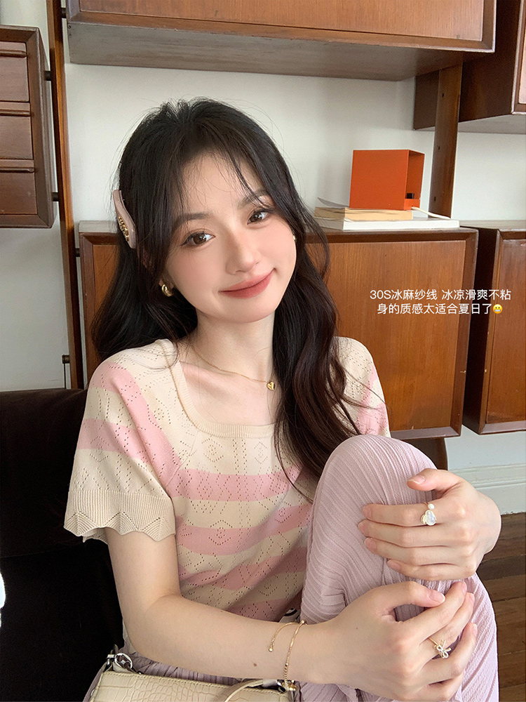 Iced Milk Tea Sweet French Ice Hemp Yarn Won My Heart T-shirt Women's Short Vintage Stripe Design Top