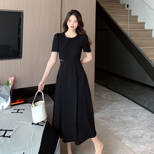 Real shot of French temperament retro round neck puff sleeve summer new waist waistless long skirt chic A-line dress