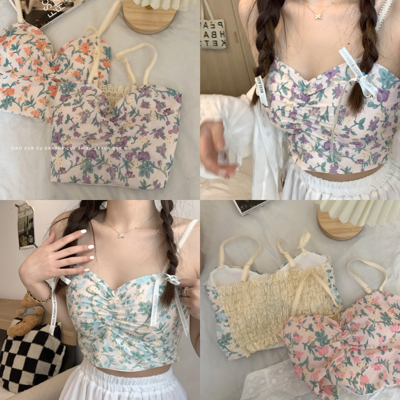Small fresh and age-reducing French floral camisole with chest pad design sense inside and outside wearing short tops for women