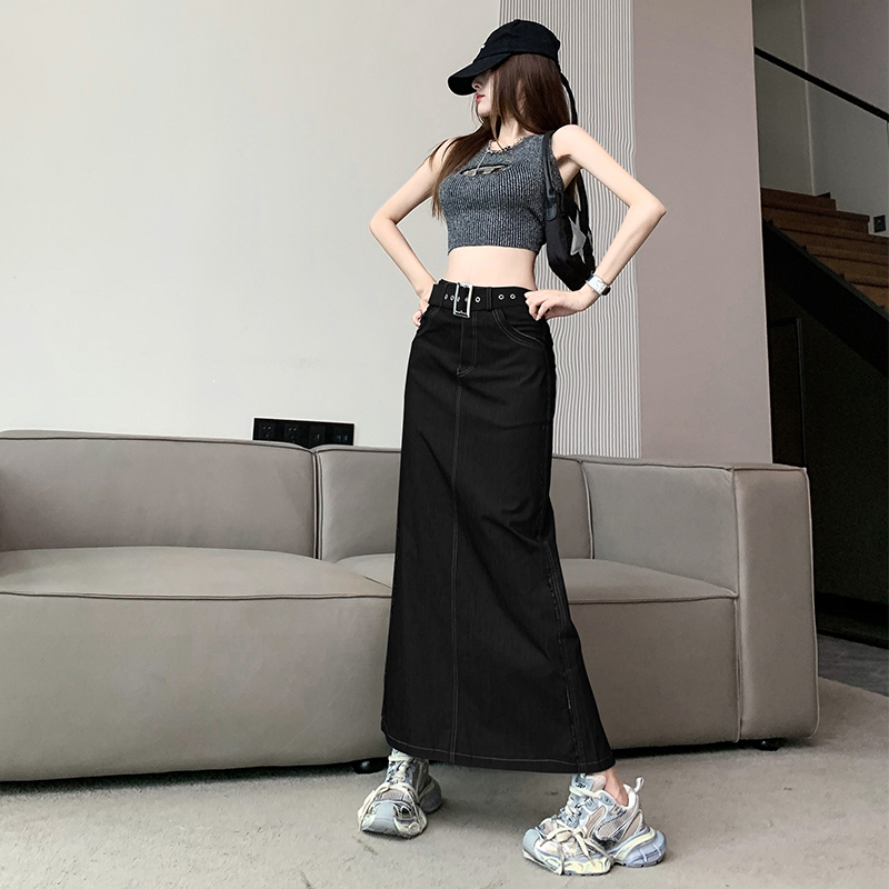 With belt gray skirt women's summer high waist small high-end sense slit bag hip long skirt gas skirt