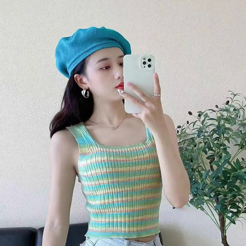 Summer new sweet and spicy style square collar contrast color rainbow stripes soft waxy knitted small camisole women's bottoming shirt top