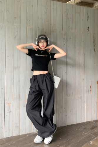 Real Shot High Waist Loose Straight Leg Wide Leg Pants Overalls + American Retro Tight Cropped Top