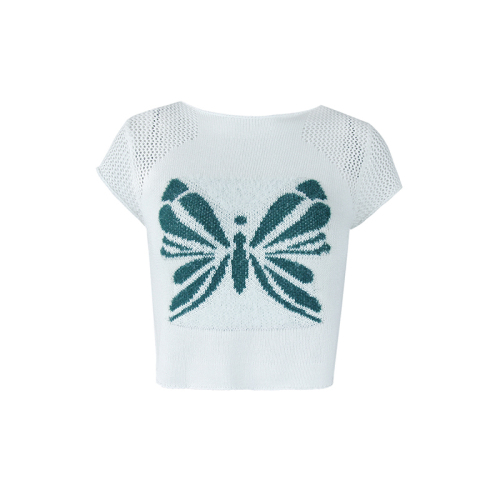 Chest butterfly jacquard short-sleeved knitted sweater women's top  new early spring thin design sense