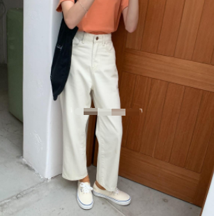 Spring casual all-match high waist thin Korean version nine-point pants straight leg thin light-colored beige jeans women's trendy ins
