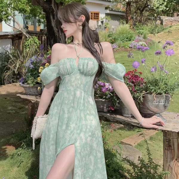 Four-sided elastic super fairy summer holiday wind beach skirt 2023 summer one-word collar fresh floral dress