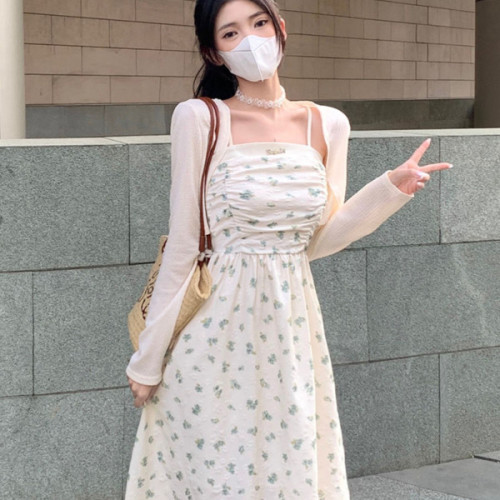 French-style two-piece dress with one-word collar, slim temperament, waist waist, summer petite floral dress