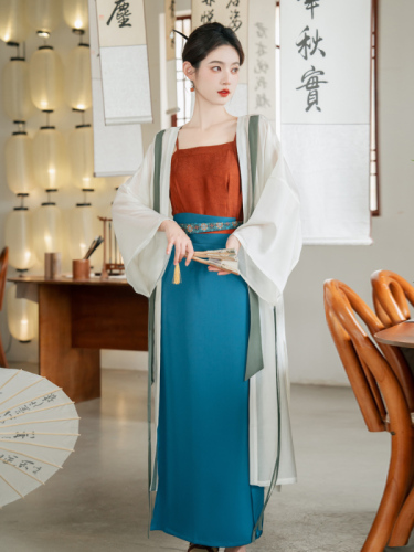 Real shot Spring and summer Hanfu women's improved wide-sleeved gown bottoming vest suspenders Han element short skirt suit