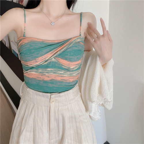 Real price~rainbow striped camisole wears slim and looks thin with chest pad sleeveless bottoming summer