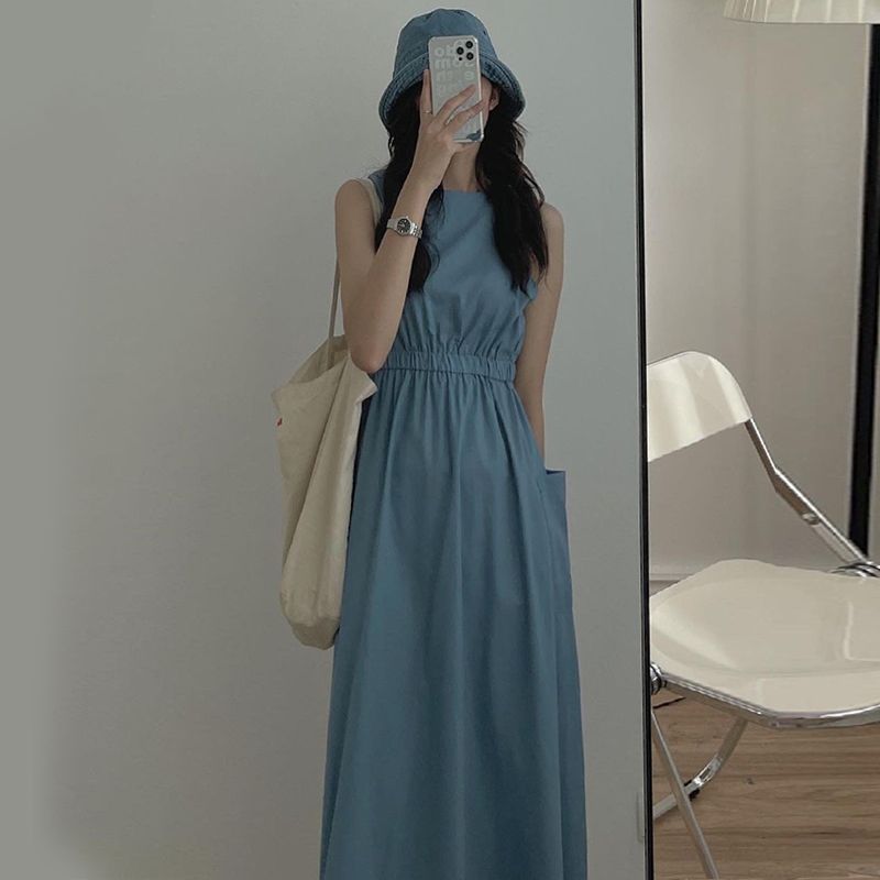 Korean summer niche simple round neck pleated high waist slim double pocket sleeveless vest dress for women