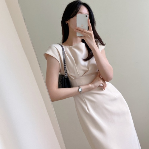 Korean chic retro French fashion elegant pinch pleat slimming slim waist slit dress