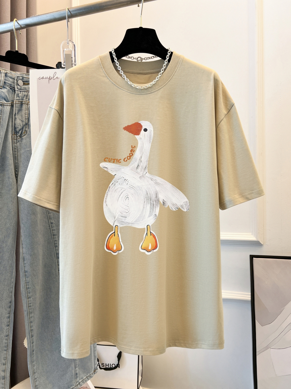 Real price pure cotton wrap collar 2023 summer new 200g pure cotton shoulder strip loose print short-sleeved t-shirt