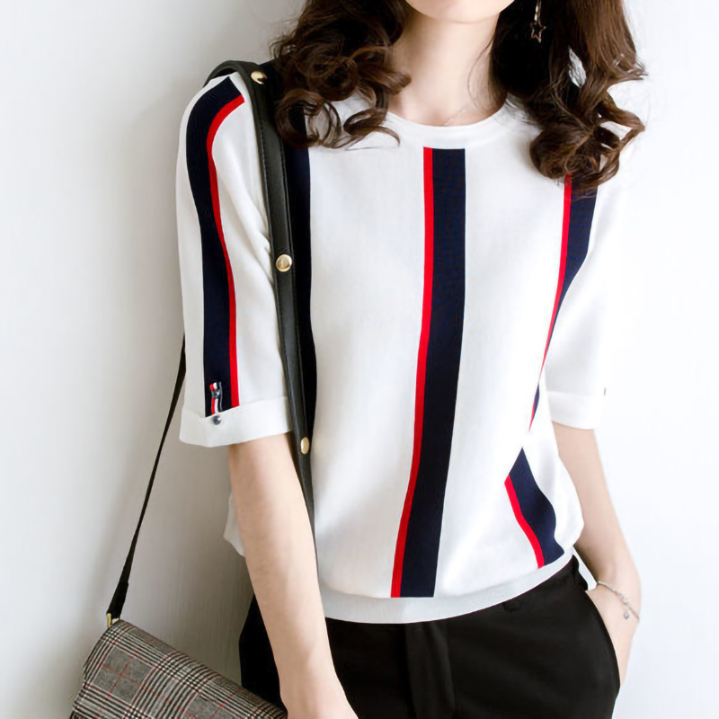 2023 new summer dress short-sleeved knitted sweater women's bottoming shirt sweater top hit color small fragrance