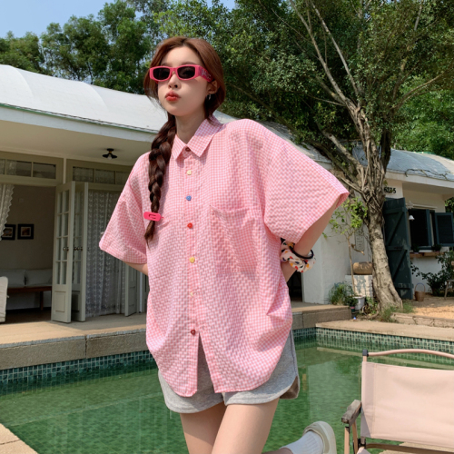 Real shot pink short-sleeved plaid shirt women  summer new design color button chic cardigan top