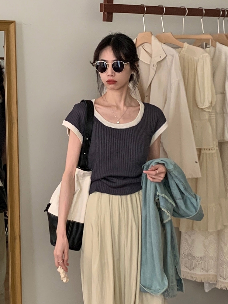 Allo.Fu2023 summer new Korean style fashion niche color matching short-sleeved round neck short knitted top women