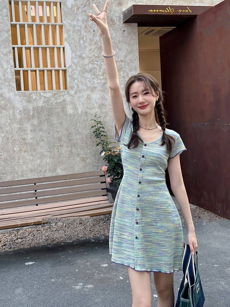 Real price babes style French western style small slim fit hip skirt A word color striped knitted dress