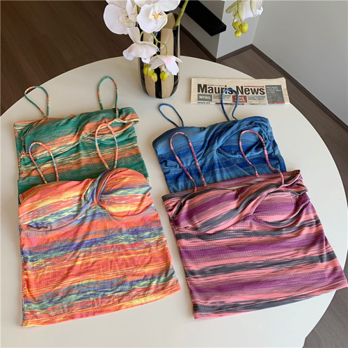 Real price~rainbow striped camisole wears slim and looks thin with chest pad sleeveless bottoming summer