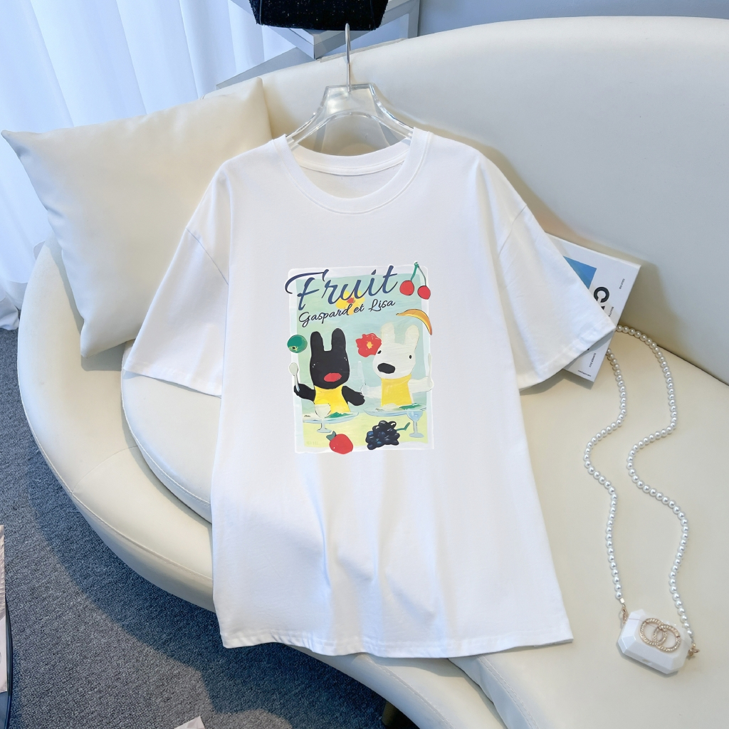 Real shot real price 100% cotton combed cotton printed summer short-sleeved T-shirt women's loose Korean version