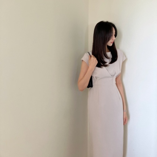 Korean chic retro French fashion elegant pinch pleat slimming slim waist slit dress