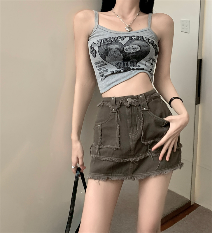 Real shot real price New retro heavy industry raw edge stitching denim skirt hot girl bag hip slimming A-line skirt trendy