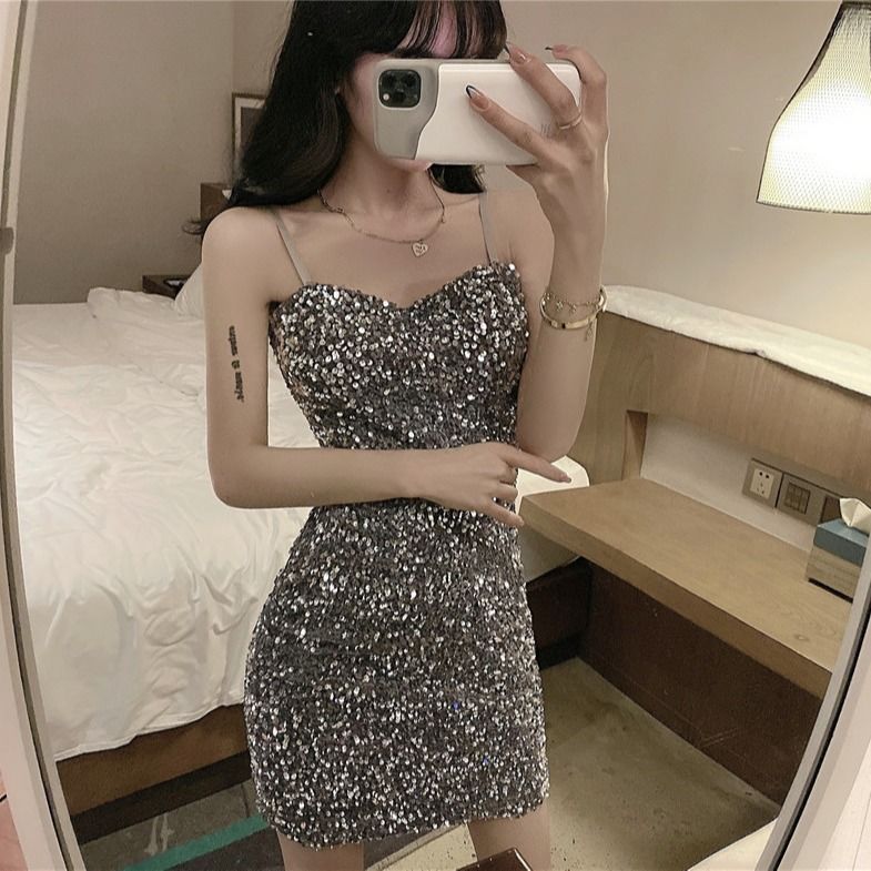 Temperament all-match nightclub women's clothing sexy sequin suspender dress female waist slimming temperament bag hip skirt