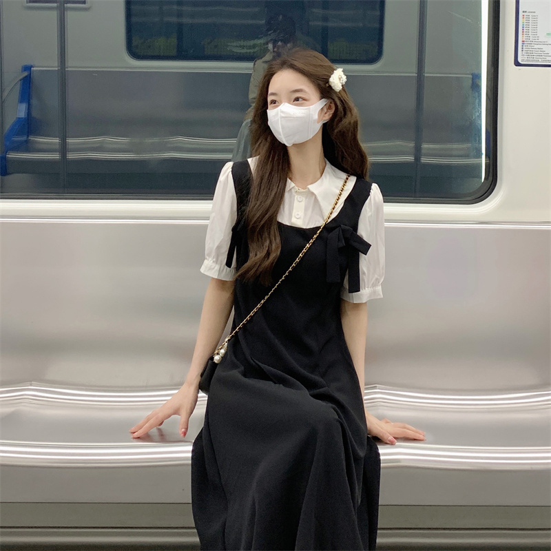 French style gentle wind splicing fake two-piece bowknot dress women's summer new temperament thin suspenders long skirt